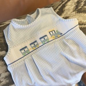 Petit Bebe Hand Smocked train boys bubble